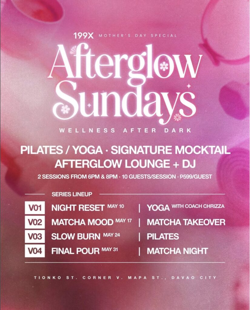 The complete May 2026 lineup for Afterglow Sundays 199X Club, featuring Night Reset, Matcha Mood, Slow Burn, and Final Pour sessions.