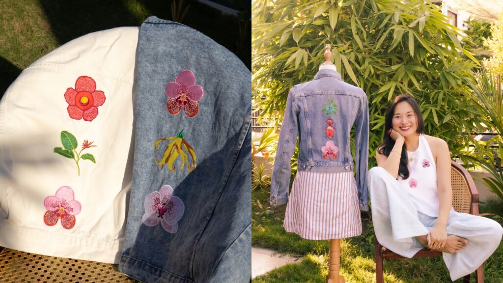 Hand-embroidered flower details on denim garments by Caprice Ledesma.