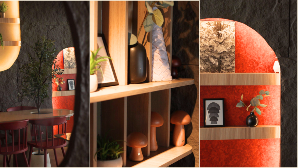 Warm modern interior design and curated decorative shelving inside a local Davao café.