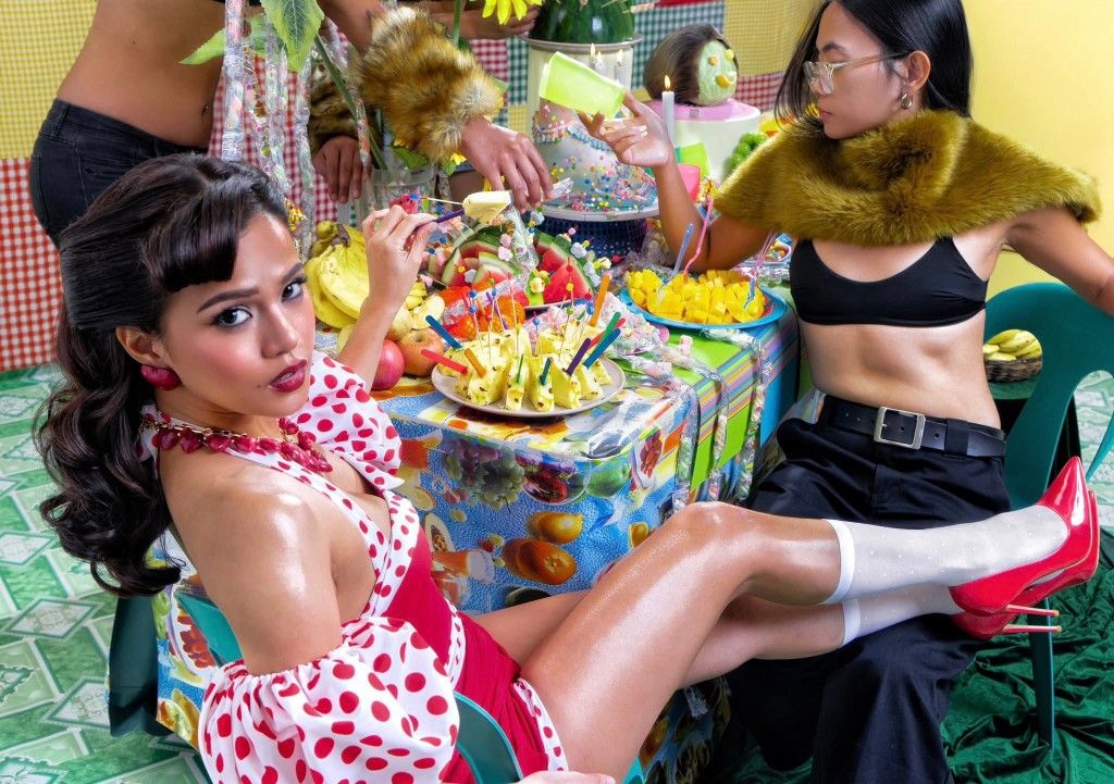 Bold colors, retro fashion, and mismatched aesthetics showcasing a modern take on Filipino pop culture maximalism.