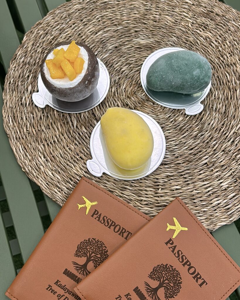 Bridgeport Park island-inspired mango and coconut desserts served on woven mats.