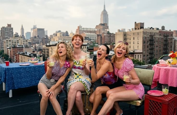 Women laughing and raising glasses together on a city rooftop