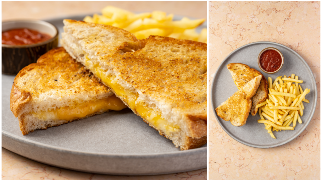 Toasted Grilled Cheese Sandwich served with french fries and sauce